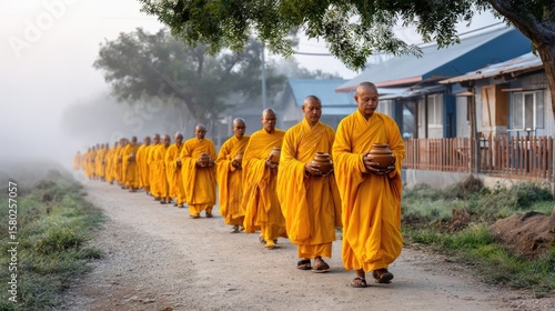 Buddhist monks dressed in saffron robes walking barefoot through a misty village at dawn