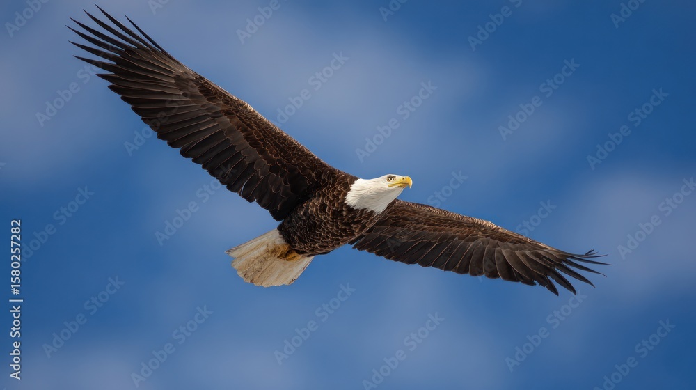 Naklejka premium Bald eagle soaring in a clear blue sky