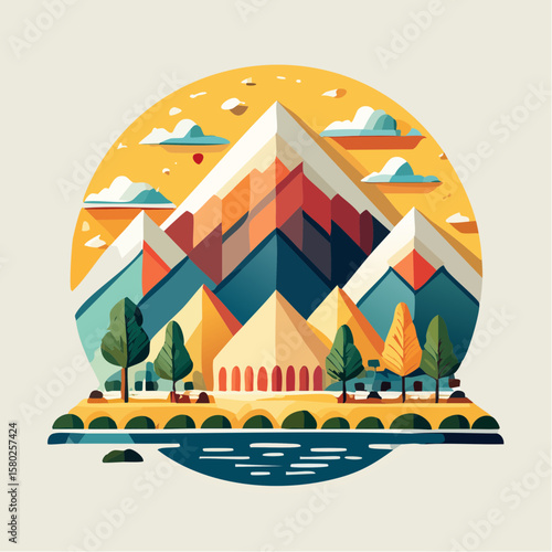 Low Poly Isometric Landscape with Mountains, Forest, Lake, and Flying Plane
