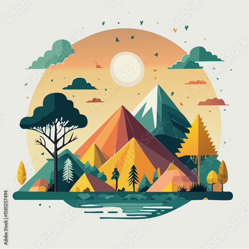 Low Poly Isometric Landscape with Mountains, Forest, Lake, and Flying Plane
