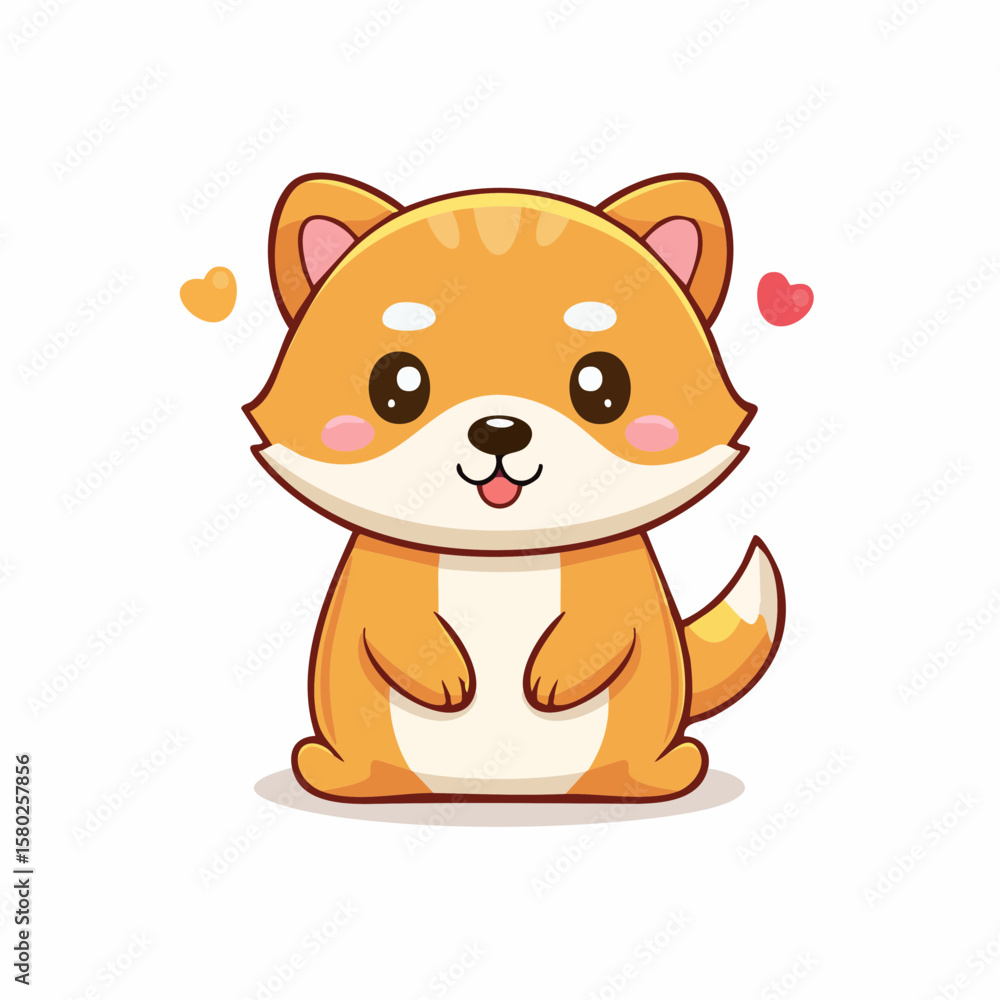 Fototapeta premium Adorable Sitting Cartoon Shiba Inu Puppy with Pink Cheeks and Paws on White Background