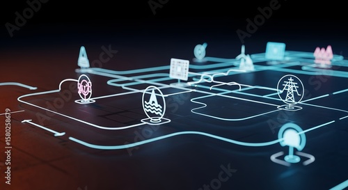 Abstract luminous digital network displaying connectivity between various industry energy icons, concept for future energy grid visualization smart infrastructure management and industrial data flow