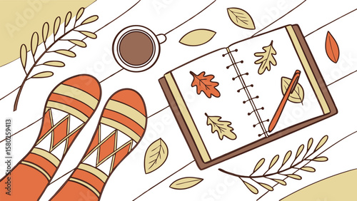 Cozy autumn scene with warm socks a cup of coffee an open notebook with fallen leaves and a pencil on a white wooden surface