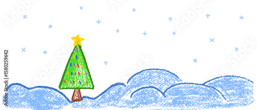Colorful a merry Xmas scene with a Christmas tree in snowdrifts decorated with a star and bright garland drawn by wax-style texture. Kawaii cartoon ideal for kindergarten projects. Vector illustration