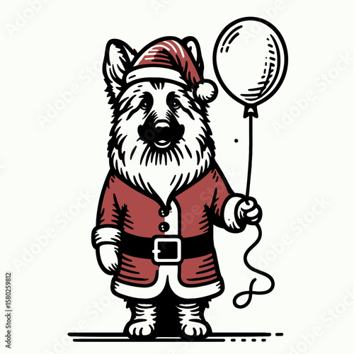 German Shepherd Dog wear santa Claus Costumes Holding a Balloon. Christmas Xmas Holiday Winter New Year Clipart Line Art Vector Illustration. Canine in garb grips air filled toy dress.