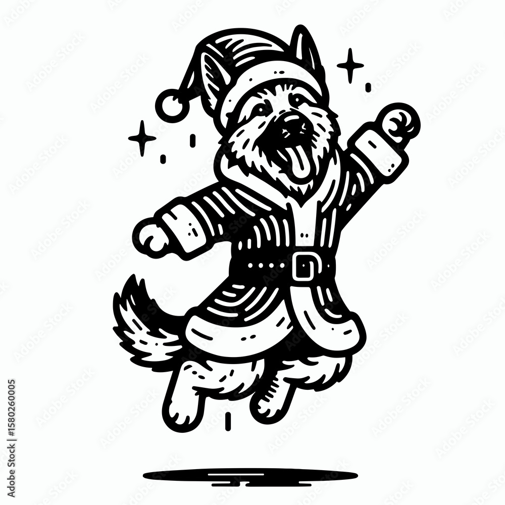 Fototapeta premium German Shepherd Dog wear santa Claus Costumes Jumping with Joy. Christmas Xmas Holiday Winter New Year Clipart Line Art Vector Illustration. .