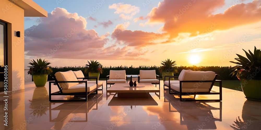 Fototapeta premium Peaceful Sunset on the Terrace with Scenic Sky and Light
