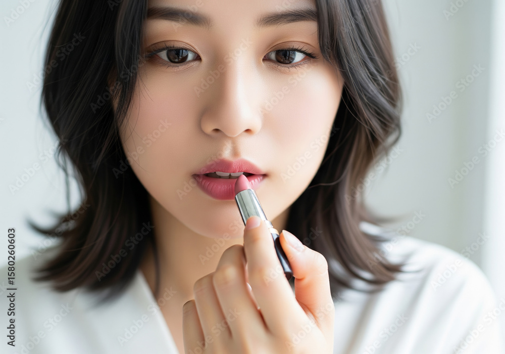 リップスティックで唇にピンクベージュの口紅を塗り、柔らかな表情を作る女性モデルのアップショット リップスティックで唇にピンクベージュの口紅を塗り、柔らかな表情を作る女性モデルのアップショット