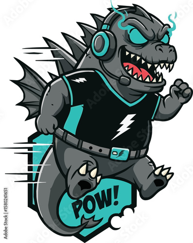 A fierce Godzilla-like gamer character in action.
