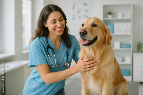 A dedicated veterinarian examines her patient, a golden retriever, in a serene clinic setting