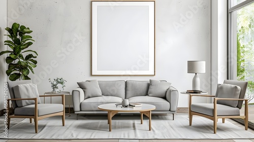 Wallpaper Mural Plain frame mockup with Nordic Biege and wood interior Living room with sofa, natural lighting, HD Wallpaper lifestyle background Torontodigital.ca