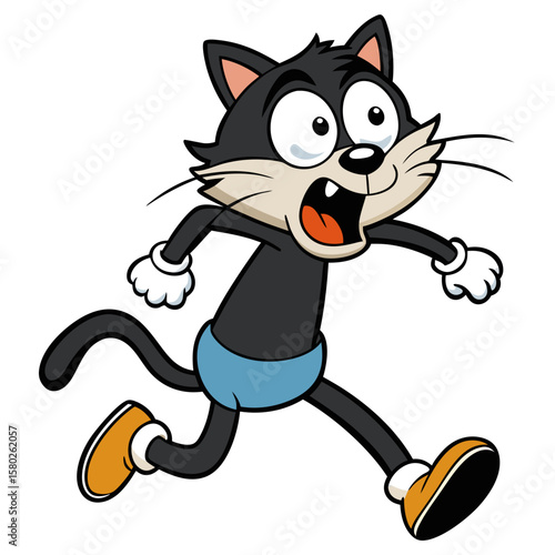 Cartoon black cat running scared vector illustration funny feline character design comic animal art drawing 100