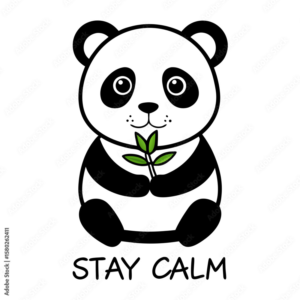 Obraz premium Cute panda bear illustration holding bamboo leaves, stay calm message, animal drawing, vector art, simple 100