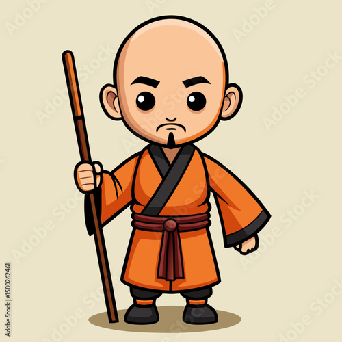 Cartoon shaolin monk character vector illustration martial arts master with stick in orange uniform pose 100 char