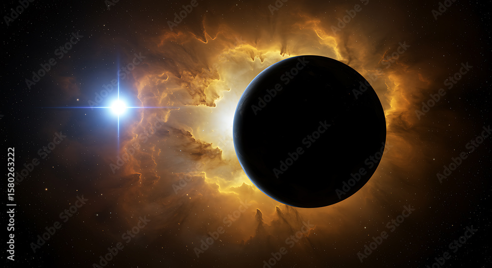 Obraz premium Cosmic celestial scene featuring a planet surrounded by fiery nebula and a bright star
