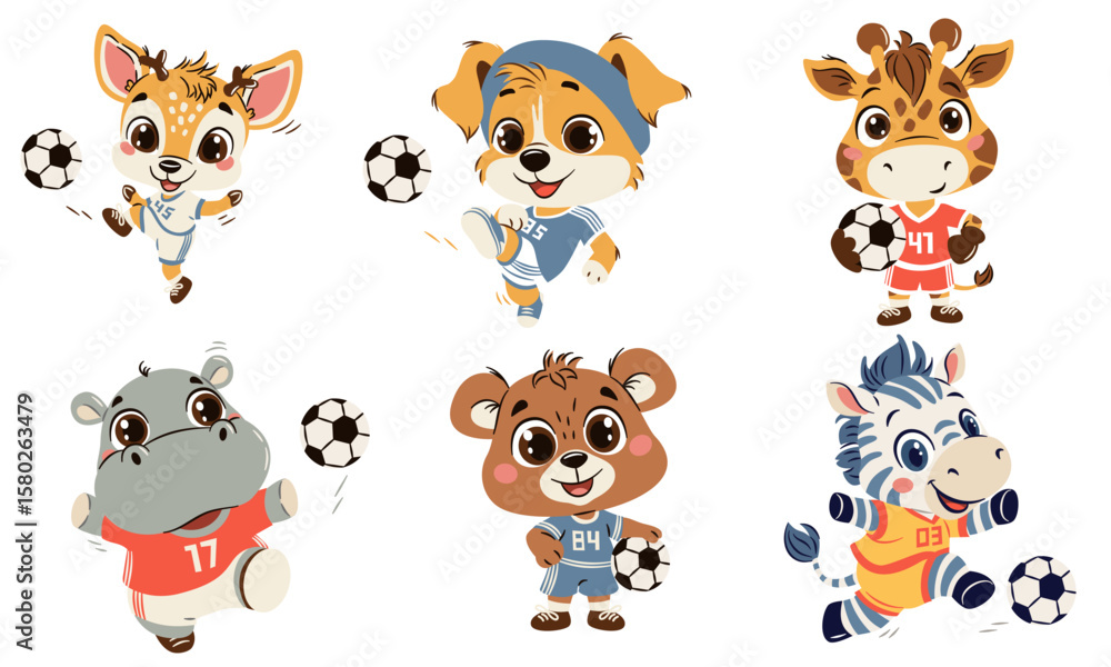 Obraz premium Set of vector illustrations in a simple children's style on soccer theme. Animals in soccer uniforms kicking a ball. Giraffe, puppy deer hippo hippo bear cub and zebra on white background. Vector