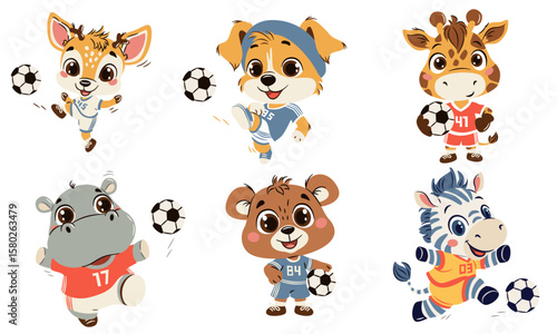 Set of vector illustrations in a simple children's style on soccer theme. Animals in soccer uniforms kicking a ball. Giraffe, puppy deer hippo hippo bear cub and zebra on white background. Vector