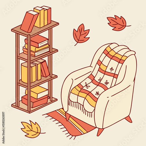 Cozy autumn scene with a comfortable armchair draped in a plaid blanket a bookshelf filled with books and falling leaves evoking a sense of warmth and relaxation