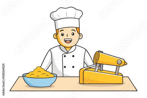 Happy cartoon chef in white uniform standing beside a bowl of yellow food and a yellow food processor