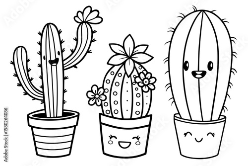 Black and white line drawing of three smiling potted cacti with cute faces and floral details, perfect for kids coloring books or botanical illustrations.