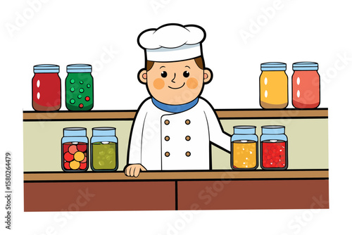 Friendly cartoon chef stands behind a counter displaying jars of preserved fruits and vegetables