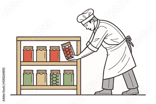 Chef carefully selects a jar of preserves from a pantry shelf filled with various canned goods and produce