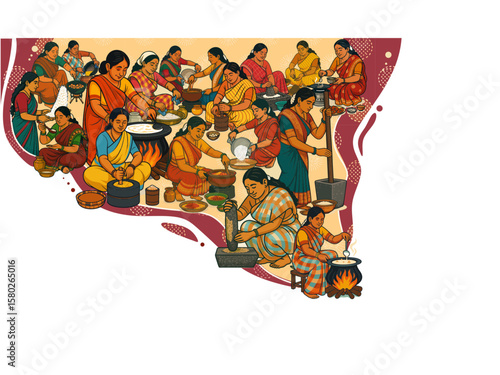 Indian Women and Traditional Cooking Practices – Vector Illustration

