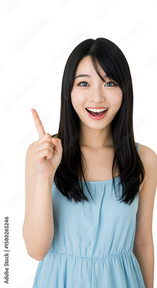 Portrait Of Young Asian Woman Pointing Upward With Finger Isolated Portrait Of Young Asian Woman Pointing Upward With Finger Isolated