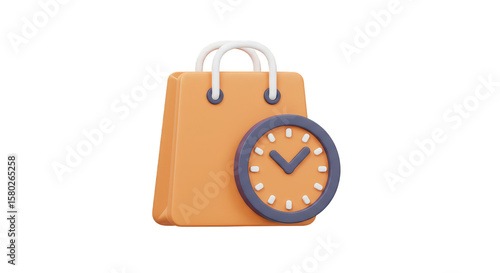 Orange Shopping Bag with Clock 3d Icon for Retail Time Sale