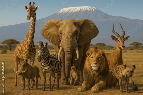 A harmonious gathering of African wildlife stands before the majestic Mount Kilimanjaro, showcasing the beauty and diversity of the savanna ecosystem