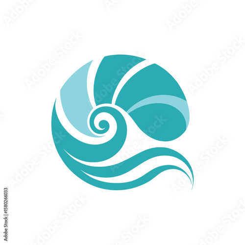 Abstract Nautilus Shell Illustration in Teal and Light Blue on White Background spiral