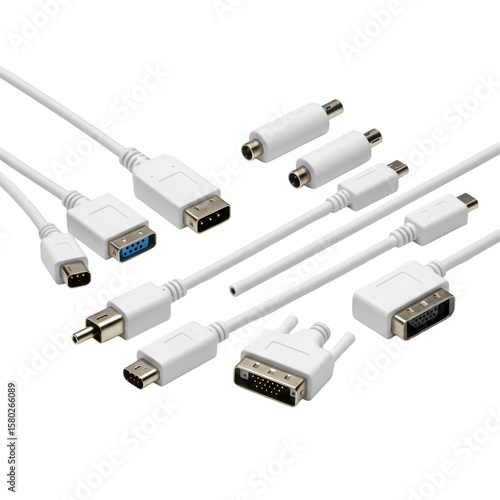 Isolated White Cables with Various Connector Types for Technology and Networking