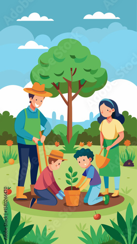 A family is planting a tree in their backyard. The father is holding a shovel and the children are helping him. The scene is cheerful