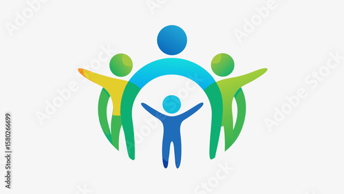A logo of a family with a child in the middle. The logo is blue and green. The logo is meant to represent family and togetherness