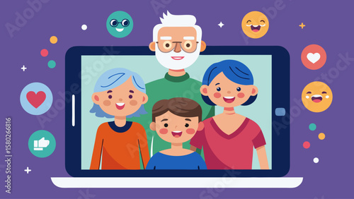 A family photo is displayed on a laptop screen. The family members are smiling and appear to be happy. Concept of warmth and togetherness, as if the family is sharing a special moment