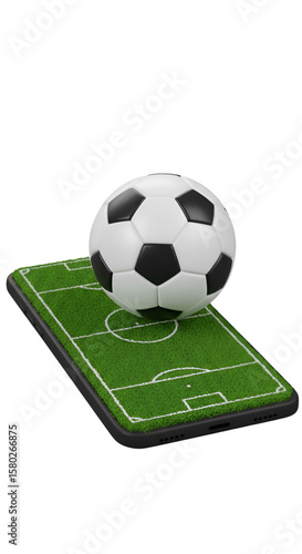 Realistic 3D Illustration Of Soccer Ball On Mobile Phone Green Field