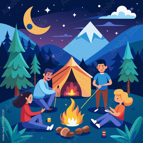 A family is sitting around a campfire in the woods. A man is playing a guitar, and a child is sitting next to him. The woman is sitting on the ground, and there is a cup nearby. The scene is peaceful