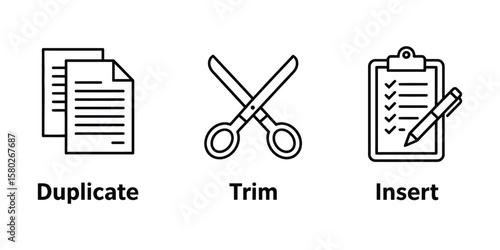 Minimalist line art icons for copy, cut, and paste functions with tool symbols, black and white vector illustration for app and UI design