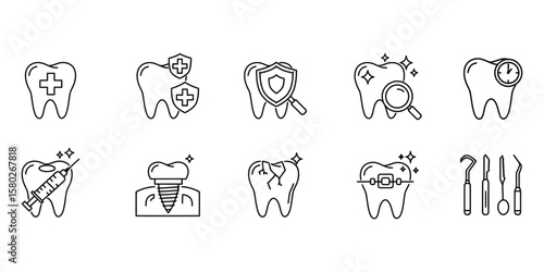 Minimalist dental icon set with tooth care and treatment symbols, line art vector illustration for app and website design