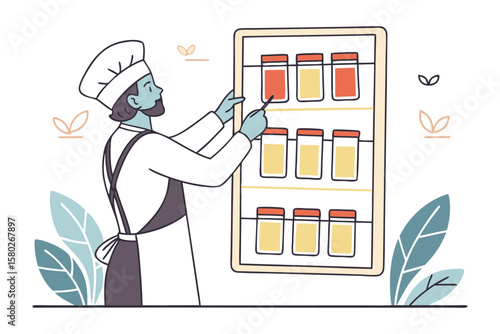 Chef in uniform examining jars of ingredients on a shelf surrounded by decorative leaves and plants
