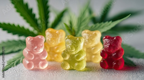 Five gummy bears in a row with marijuana leaves behind on a textured surface