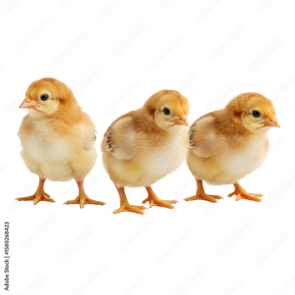 Fototapeta premium Realistic Image Three Yellow Chicks Poultry on Transparent Background