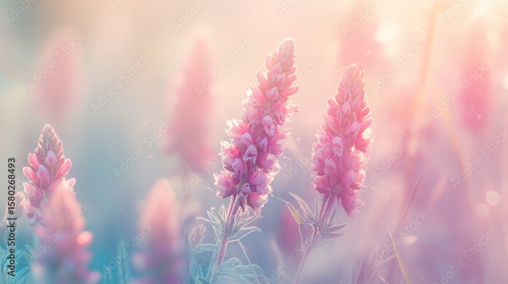 Obraz premium Soft Pastel Colored Field of Lupines Flowers Capturing Nature s Dreamlike Tranquility and Beauty