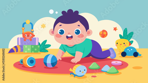 A cartoon baby is playing with toys on a red carpet. The baby is surrounded by a variety of toys, including a car, a ball, and a toy boat. Concept of playfulness and innocence