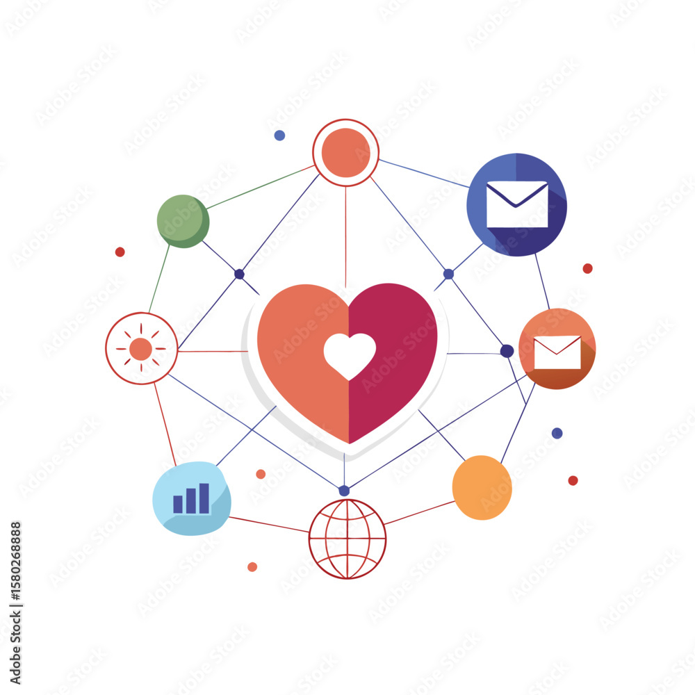Connected heart symbol with communication and data icons in a network structure Connected heart symbol with communication and data icons in a network structure