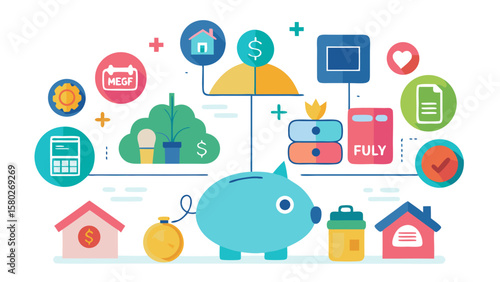 A man and a little girl are standing in front of a piggy bank. The man is smiling and the girl is happy. The image is about saving money and being responsible with finances