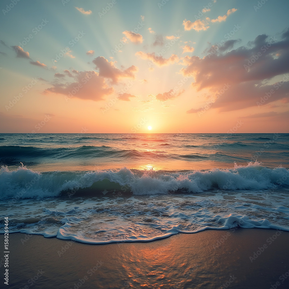 Fototapeta premium A wide view of the ocean with gentle waves at golden hour, sun setting on the horizon, warm colors in the sky