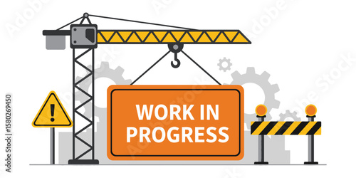 Flat vector construction crane with under construction sign and barricade, colorful design for website and banner