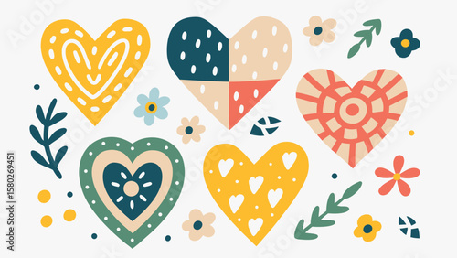 Collection of decorative hearts and floral elements on a white background illustration art