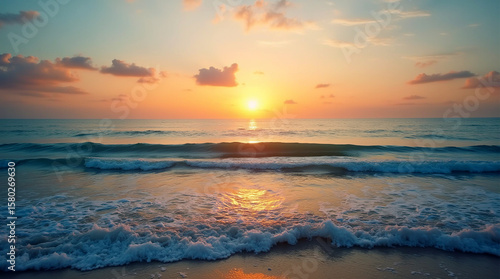 A wide view of the ocean with gentle waves at golden hour, sun setting on the horizon, warm colors in the sky